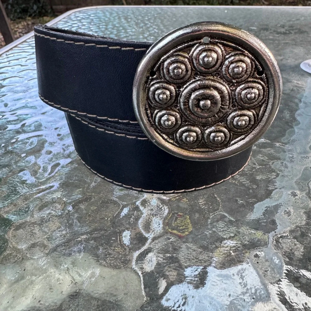 Genuine Black Leather Wide Belt Oversized Silver Medallion Buckle Western Boho